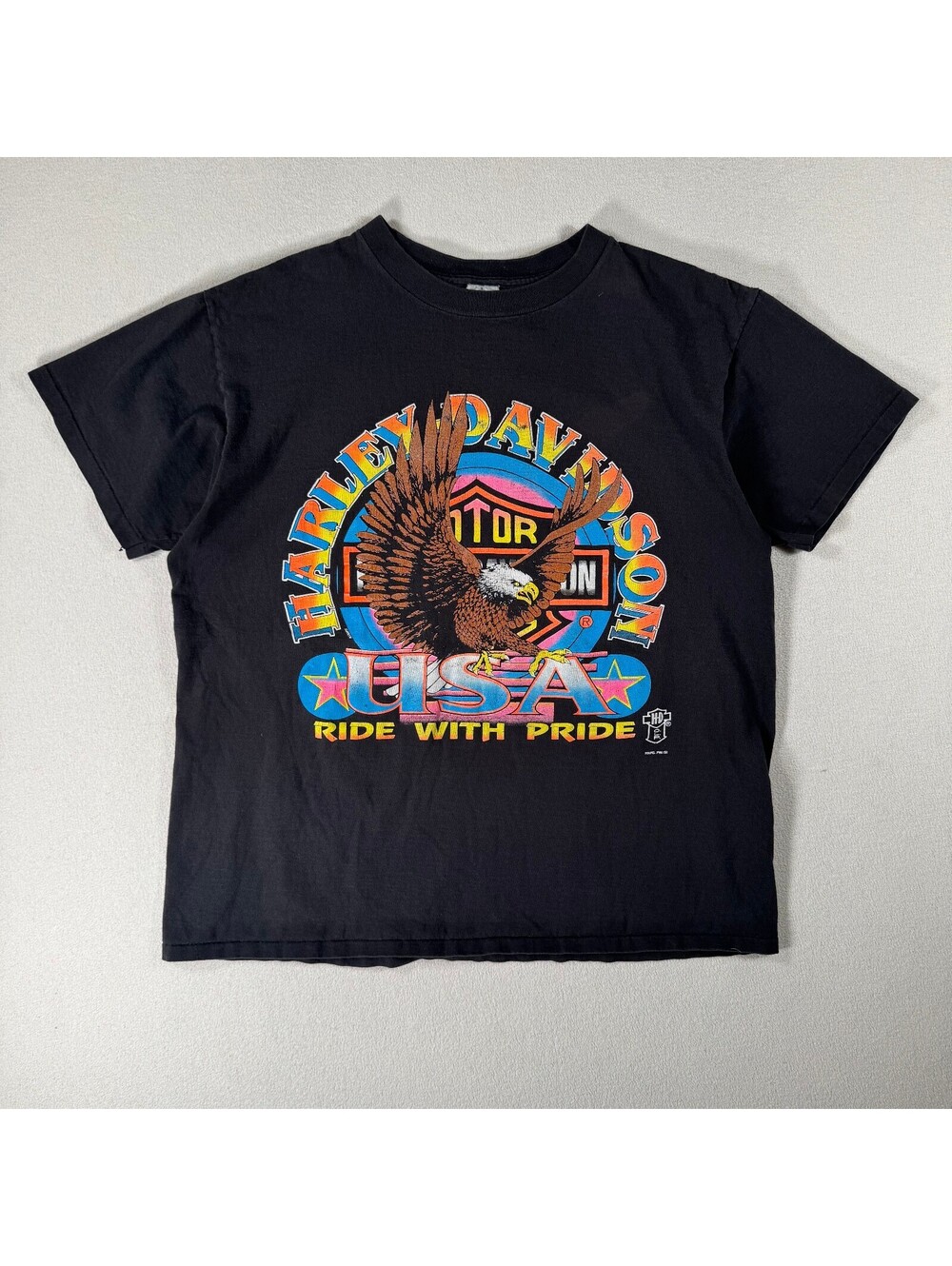 Vintage Harley Davidson USA Eagle Rainbow Pride Graphic T-Shirt XL Black Cotton